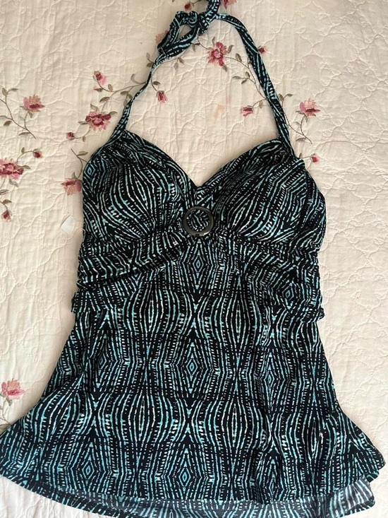 St. John's Bay Tops - 2000s St. John's Bay Teal and Black Patterned Halter Top/Tankini